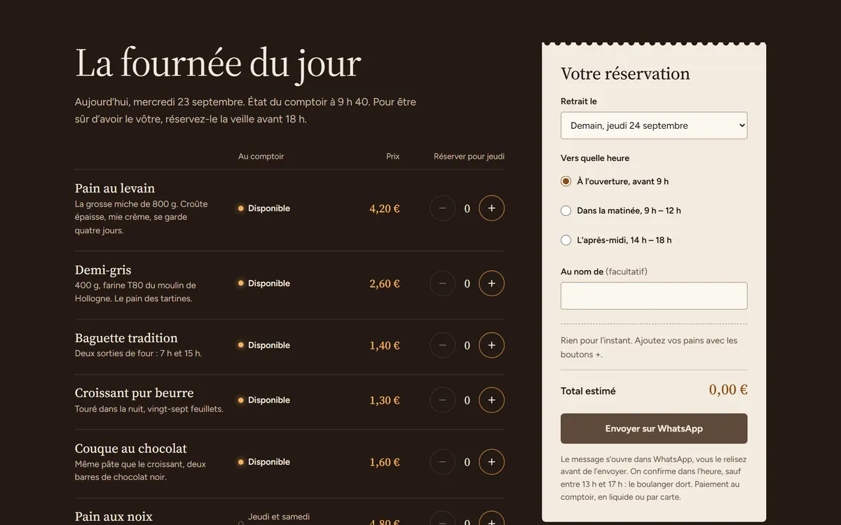 Bread orders via WhatsApp, Le Fournil Saint-Roch